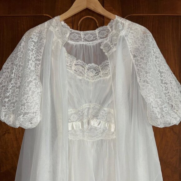 Bridal Glamour Vanity Fair Ivory Sheer Chiffon Nightgown Peignoir Robe Vtg Sz 34 - Picture 1 of 9